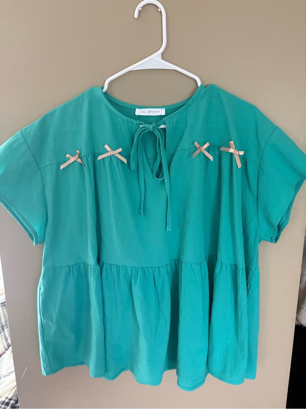 Ces Femme Teal Short Sleeve Babydoll Top with Ribbon Bows